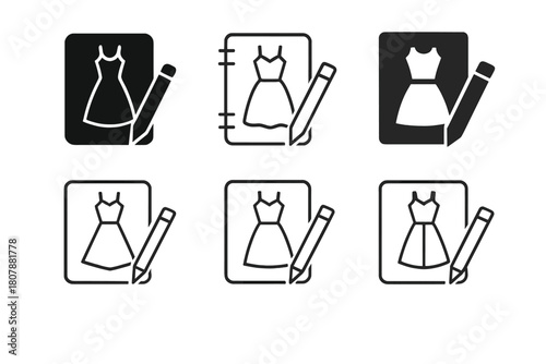 Fashion Logo Set. Personalized fashion and custom clothing. Icon set. Set Logo of personalized fashion and custom clothing: design sketchbook with clothing