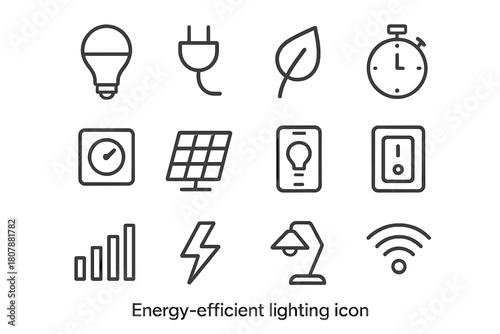 Energy-saving Icons Set. Energy-efficient lighting. Line icon set of energy-efficient lighting: LED bulb, power plug, leaf, timer, dimmer, solar panel, smart
