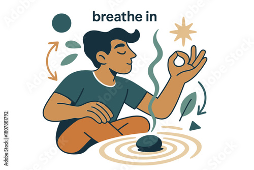 Pebble Meditation Focus. Pebble ? Meditation Focus. A single pebble rests at the center of soft sand spirals; incense smoke curves upward. Caption ?breathe