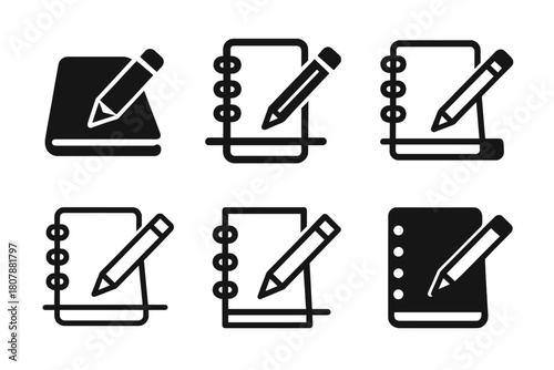 Creative Workspace Logos. Sketchbook and pencil on desk. Icon set. Set Logo of sketchbook and pencil on desk: creative workspace setup. harmonious logo
