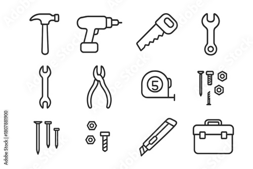 Construction Tool Icons. Construction tools. Line icon set of Construction tools: hammer, drill, saw, wrench, screwdriver, pliers, tape measure, nails, bolts,