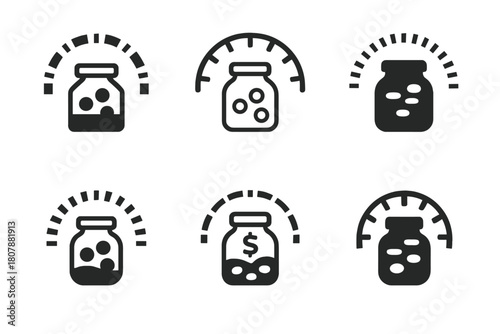 Expense Tracking Icons. Tracking monthly expenses. Icon set. Set Logo of tracking monthly expenses: line graph with trend arrow and currency dot markers.