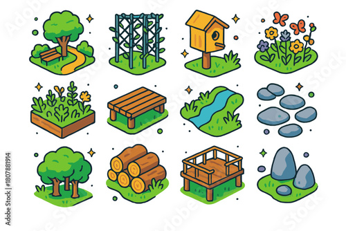 Biophilic Urban Icons. Biophilic urban design. Colorful isometric vector icons set of Biophilic urban design: pocket park, climbing plants trellis, bird nest