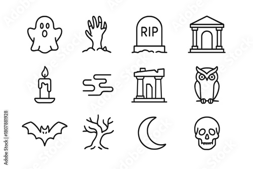 Ghostly Line Icons. Ghostly rise. Line icon set of Ghostly rise: ghost, skeleton hand, tombstone, crypt, candle, fog, ancient ruins, owl, bat, twisted tree,