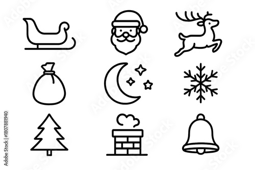 Santa's Sleigh Icons. Santa?s sleigh flying. Line icon set of Santa?s sleigh flying: sleigh, Santa Claus, reindeer, gift bag, moon, stars, snowflakes, clouds,