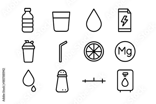 Hydration Icon Set. Hydration awareness. Solid icon set of Hydration awareness: water bottle, water droplet, faucet, glass of water, plant, leaf, rain cloud,
