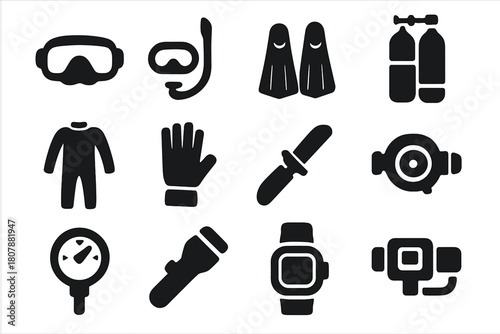 Diving Gear Icons. Diving gear. Solid icon set of Diving gear: scuba mask, snorkel, fins, oxygen tank, wetsuit, diving gloves, dive knife, regulator, pressure