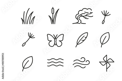 Aeolian Nature Icons. Aeolian nature. Line icon set of aeolian nature: tall grass, reed, windblown tree, dandelion seed, butterfly, feather, leaf, seed pod,