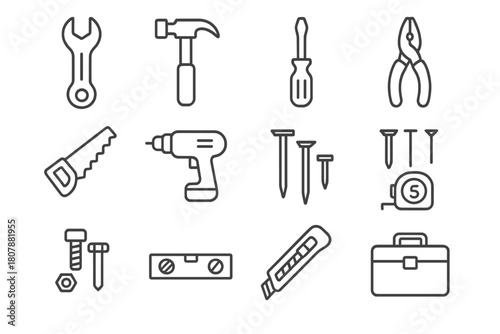 Maintenance Tools Icons. Maintenance tools. Solid icon set of maintenance tools: wrench, screwdriver, hammer, pliers, toolbox, bucket, gloves, tape, ladder,