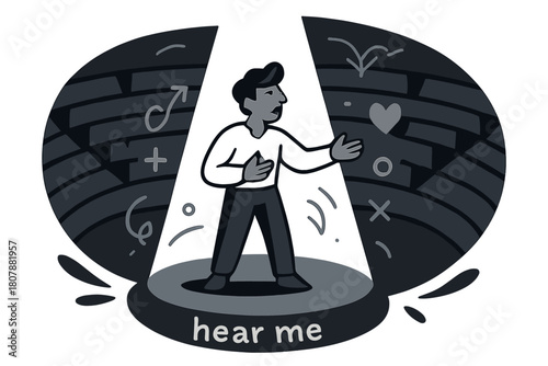 Spotlit Stage Monologue. Amphitheater ? Spotlight Monologue. A lone actor stands center stage; a clean cone of light slices the dusk. Whispered caption ?hear