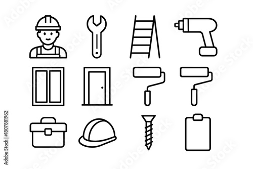 Building Maintenance Icons. Building Maintenance. Line icon set of Building Maintenance: worker, wrench, ladder, drill, window, door, paint roller, toolbox,
