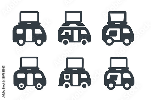 Digital Nomad Logos. Digital nomad lifestyle and travel work. Icon set. Set Logo of Digital nomad lifestyle and travel work: Vanlife camper with laptop.
