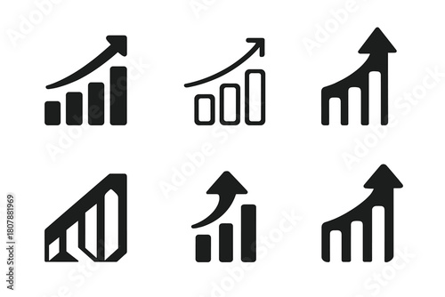 Startup Logo Variations. A group of entrepreneurs discussing business growth and scalability. Icon set. Set Logo of startup strategy: ascending bar chart with