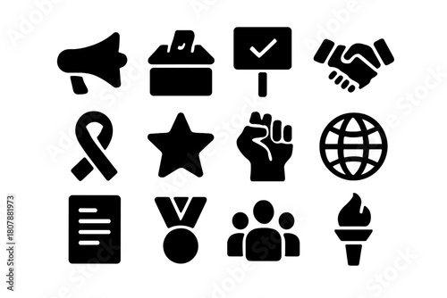 Civic Activism Icons. Civic engagement and activism achievements. Solid icon set of civic engagement and activism achievements: megaphone, ballot box, protest