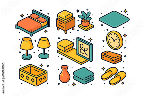 Minimalist Bedroom Icons. Minimalist bedroom design. Colorful isometric vector icons set of Minimalist bedroom design: platform bed, linen bedding, nightstand,