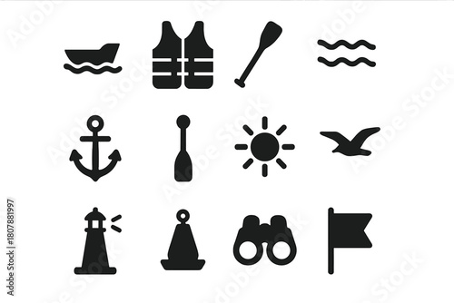 Boat Ride Icons. Taking a boat ride. Solid icon set of Taking a boat ride: boat, life jacket, oar, water waves, anchor, paddle, sun, seagull, lighthouse, buoy,