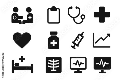 Medical Icons Grid. Medical treatment. Solid icon set of Medical treatment: syringe, pill, medicine bottle, thermometer, bandage, heart, first aid kit, wound,