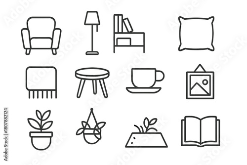 Indoor Reading Icons. Indoor reading space. Line icon set of indoor reading space: armchair, floor lamp, bookshelf, cushion, blanket, small table, teacup, rug,