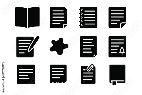 Notebook Icon Set. Notebook Details. Solid icon set of Notebook Details: open notebook, lined page, spiral binding, folded corner, pen resting, ink blot, poem
