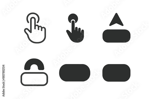 Interactive Button Icons. Mobile UI components. Icon set. Set Logo of Button: Interactive tap button. Minimal outline, Filled silhouette, Abstract geometric,