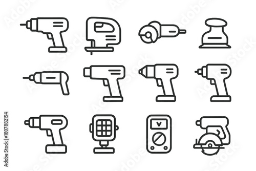 Electric Tool Icons. Electric tools set. Line icon set of Electric tools set: electric drill, jigsaw, angle grinder, sander, rotary tool, heat gun, impact