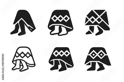 Cozy Blanket Logos. Blanket over knees. Icon set. Set Logo of blanket over knees: legs covered with patterned throw blanket. harmonious logo variations of the
