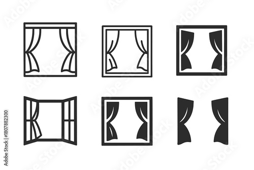 Breezy Window Logos. Open Window. Icon set. Set Logo of Open Window: Breezy window with curtains. harmonious logo variations of the same emblematic concept,