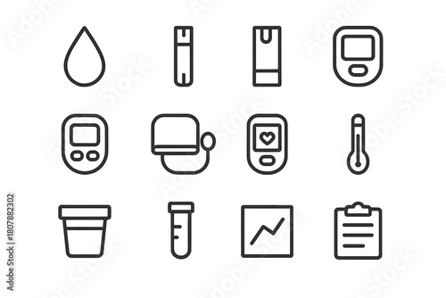 Home Lab Icons. Home lab biomarkers. Line icon set of home lab biomarkers: blood drop, lancet, test strip, glucometer, ketone meter, blood pressure cuff,