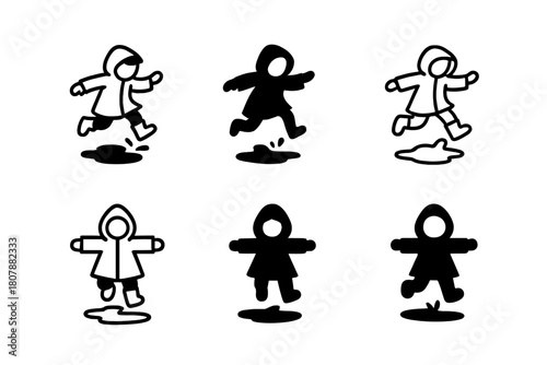 Puddle Jumping Logos. Jumping over puddles. Icon set. Set Logo of Jumping over puddles: Child in raincoat jumping. harmonious logo variations of the same
