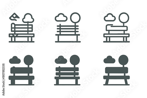 Bench Logo Variations. Empty bench. Icon set. Set Logo of empty bench: bench under tree. harmonious logo variations of the same emblematic concept, each with
