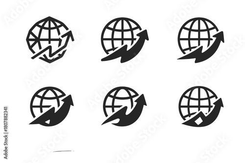 Resilient Globe Logos. economic recovery after crises. Icon set. Set Logo of economic recovery after crises: resilient globe with arrows. harmonious logo
