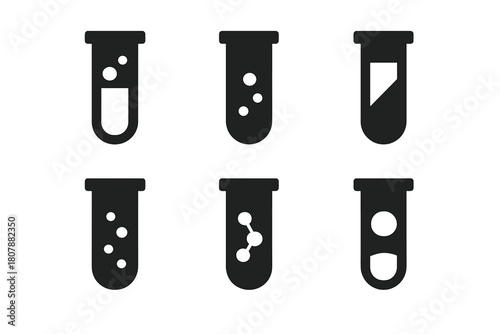 Chemical Test Tube Icons. Chemical composition. Icon set. Set Logo of Test Tubes: Sample vials. Symmetrical form, Stylized detail, Negative space, Minimal