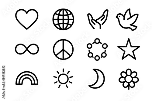 Universal Love Icons. Universal love. Line icon set of universal love: heart, globe, hands holding, dove, infinity symbol, peace sign, people circle, star,