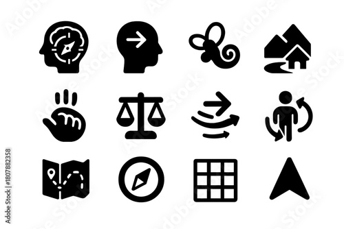 Spatial Orientation Icons. Spatial orientation systems. Solid icon set of Spatial orientation systems: compass brain, head direction arrow, vestibular organ,