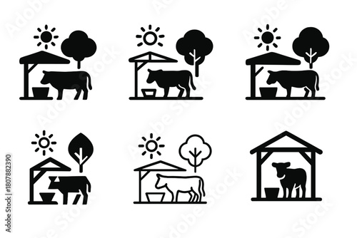 Agriculture Icons Grid. Agriculture and climate change. Icon set. Set Logo of agriculture and climate change: livestock shade shelter with water trough.