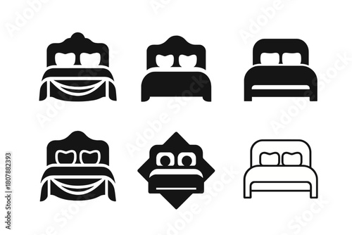 Stylish Bedroom Decor Icons. Upgrading your bedroom with stylish decor. Icon set. Set Logo of upgrading your bedroom with stylish decor: ambient bedside