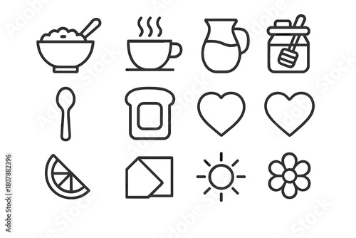 Morning Comfort Icons. Morning comfort. Line icon set of morning comfort: oatmeal bowl, coffee cup, steam, honey jar, spoon, toast, milk jug, heart, fruit