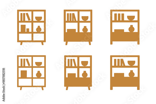 Stylized Bookshelf Icons. A modern bookshelf with clean lines and a wood finish. Icon set. Set Logo of A modern bookshelf with clean lines and a wood finish: