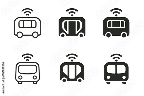 Autonomous Transport Logos. autonomous public transport. Icon set. Set Logo of autonomous public transport: sensor-equipped minibus. harmonious logo variations