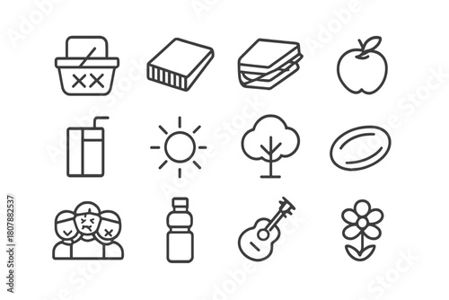 Picnic Elements Icons. Picnic afternoon. Line icon set of picnic afternoon: picnic basket, blanket, sandwich, apple, juice box, sun, tree, frisbee, guitar,