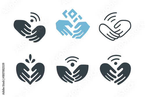 Digital Networking Icons. Social and digital networking. Icon set. Set Logo of social and digital networking: laptop with wireless signals linking user icons.