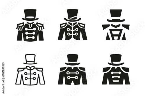 Circus Costume Logos. Circus costumes. Icon set. Set Logo of circus costumes: ringmaster uniform. harmonious logo variations of the same emblematic concept,