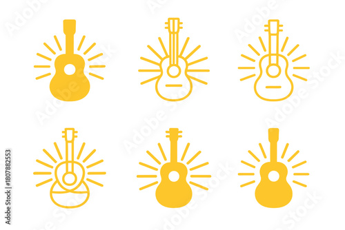 Summer Festival Icons. Summer Music Fest. Line icon set of Summer Music Fest: sun, stage, guitar, microphone, palm tree, tent, speaker, drink cup, star,