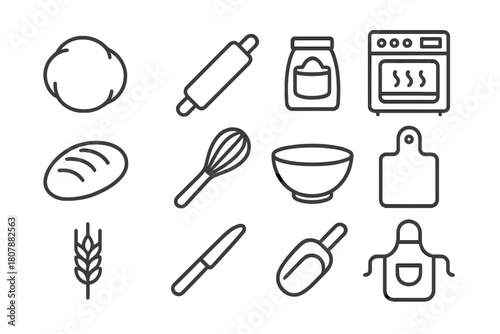 Artisan Baking Icons. Artisan baking. Line icon set of artisan baking: dough ball, rolling pin, flour bag, oven, loaf, whisk, bowl, cutting board, wheat stalk,
