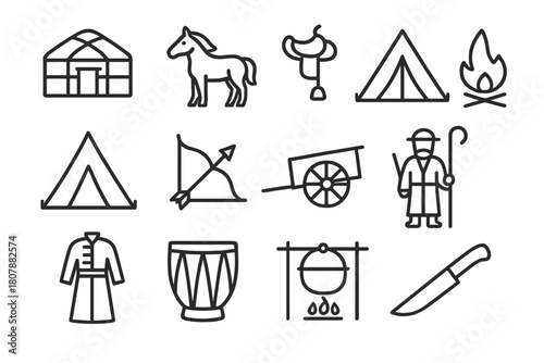 Nomadic Culture Icons. Nomadic Culture. Line icon set of Nomadic Culture: yurt, horse, saddle, campfire, tent, bow and arrow, cart, shepherd, traditional