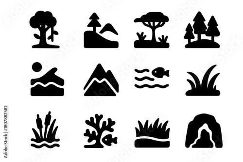 Biome Icons Collection. Biome Diversity. Solid icon set of Biome Diversity: rainforest, tundra, savanna, forest, desert, mountain, ocean, river, wetland, coral