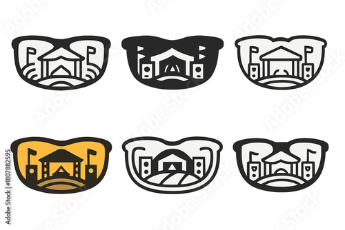 Summer Festival Logos. Summer music festival themes and decor. Icon set. Set Logo of Summer music festival themes and decor: crowd with hands raised.