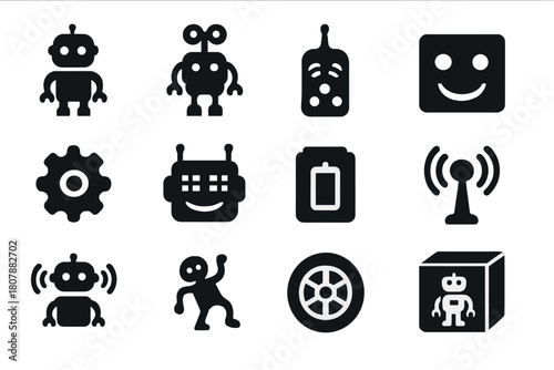 Toy Robot Icons. Toy Robots. Solid icon set of Toy Robots: mini bot, wind-up robot, remote control, smiling face, toy gear, LED eyes, battery hatch, antenna,