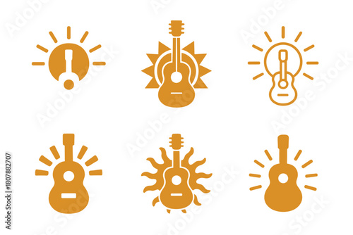 Summer Festival Icons. Summer Music Fest. Line icon set of Summer Music Fest: sun, stage, guitar, microphone, palm tree, tent, speaker, drink cup, star,