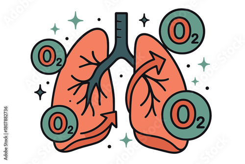 Dynamic Lung Respiration. Oxygen. Human lungs with abstract floating oxygen molecules, arrows, and sparkles; conveys respiration, life, and biology. Modern